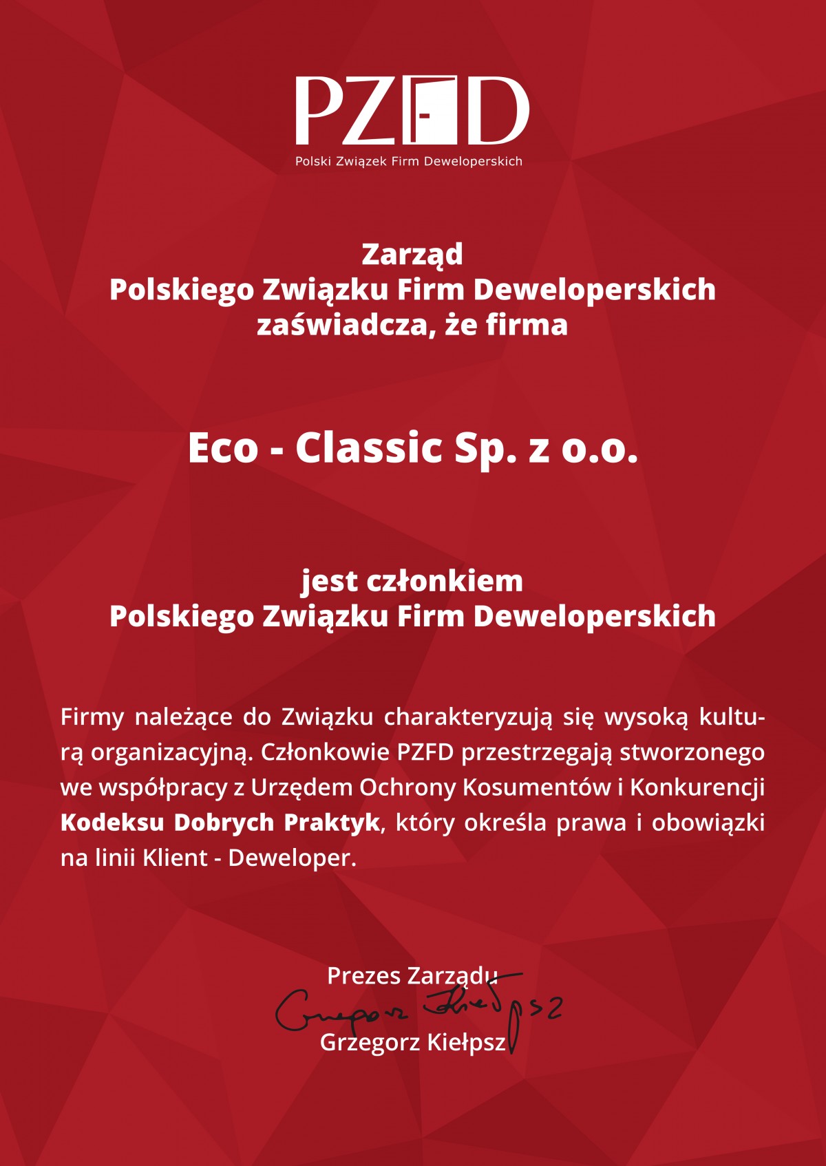 ECO-Classic przystąpiła do Polskiego Związku Firm Deweloperskich